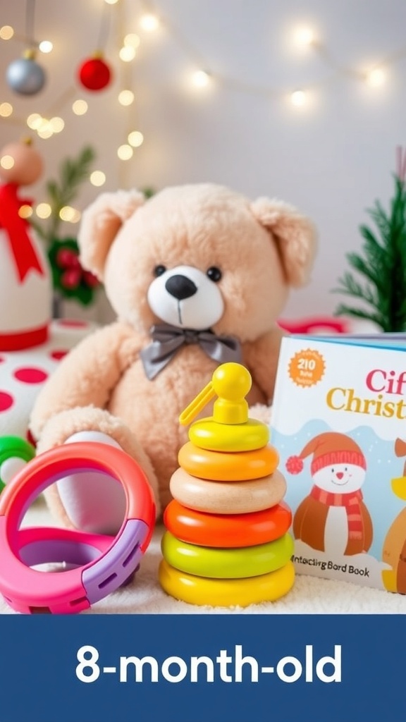 A collection of safe toys for an 8-month-old, including a teddy bear, stacking rings, and a board book, set against a festive holiday backdrop.